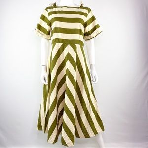 TOAST Size UK12/US8 Green & Cream Wide Stripe Short Sleeve A-Line Midi Dress
